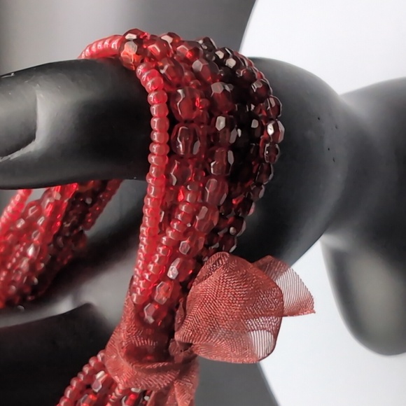 Red Beaded Multi Strand Stretch Bracelet With Red Ribbon Bow - Picture 3 of 9